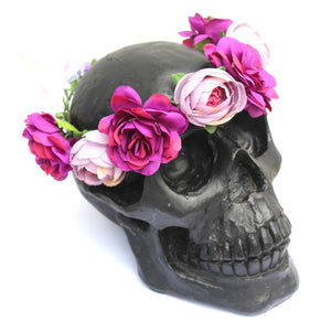Santa Muerte Large Black Skull With Flower Crown. Halloween Decoration.