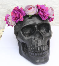 Load image into Gallery viewer, Santa Muerte Large Black Skull With Flower Crown. Halloween Decoration.
